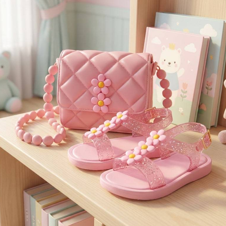 Kit Sandália e Bolsa feminina Infantil Conforto Emborrachado para menina Rosa com Tres Flores