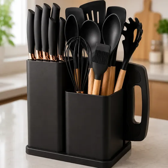 Kit 19 Utensílios Cozinha Silicone Cabo Madeira Facas Tábua