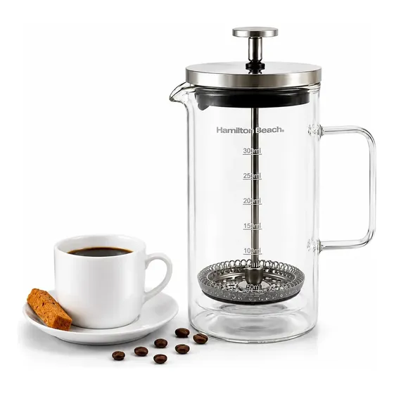 Cafeteira Prensa Francesa Hamilton Beach 300ml Manual Embolo Inox Café Chá Leite Cremeira Espumador Moderno