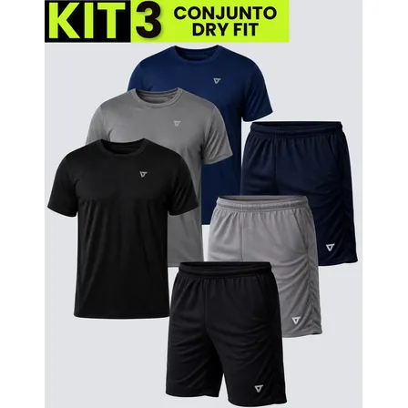Kit Com 3 Conjuntos Academia Masculino Dry Fit Shorts+camisa