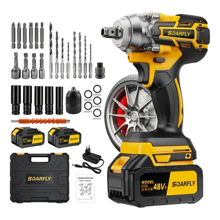 Chave De Impacto 800n.m 48v Brushless 2 Baterias Sem Fio Amarelo 127/220v 50/60hz