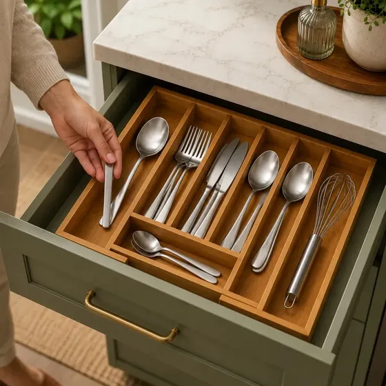 Porta Talheres Extensível Organizador de Gaveta 7 Divisórias Ajustável Faca Garfo Colher Talher Utensílio Cozinha Madeira