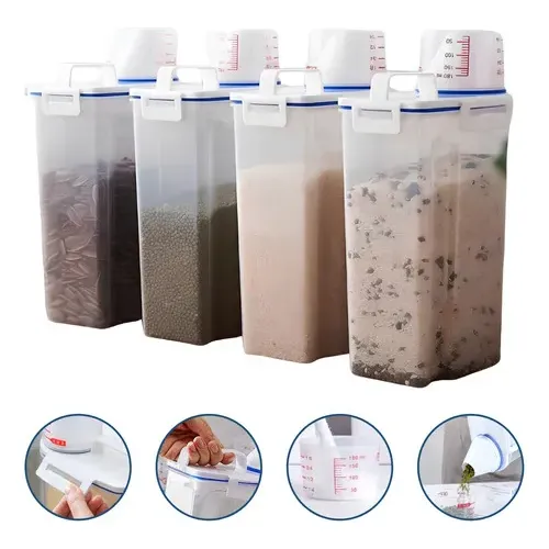 Kit 4 Potes Hermeticos 2l Medidor Arroz Cereal Feijão Ração Transparente Bico Dosador Medidor