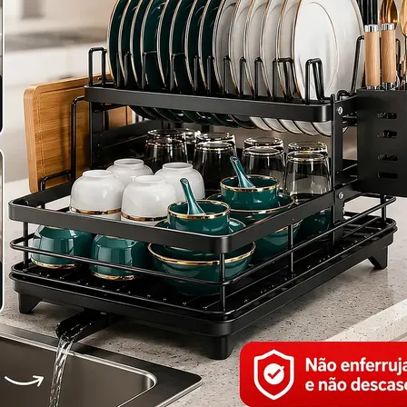 Escorredor De Louça Inoxidável 2 Andares Drenagem Automática Bandeja Grande 360o Organizador Pia Com Porta Talheres Tigelas Pratos
