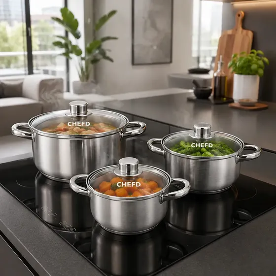 Jogo de Panelas Chef D Aço Inox 6 Peças 3 Caçarolas 3 Tampas de Vidro Fundo Triplo Fogão Indução Gás Elétrico Saudável Sem BPA Atóxico