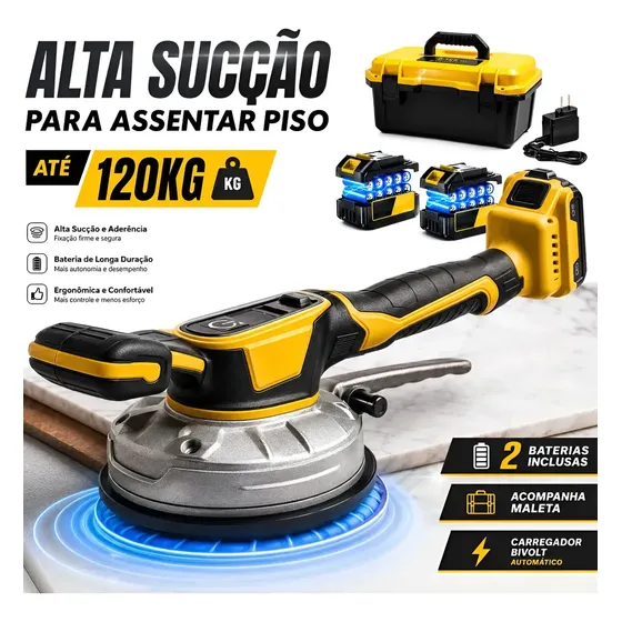 Máquina Assentar Pisos Porcelanato Vibratoria Ventosa Sem Fio 21v 10.000mah Pro À Bateria Com Maleta Motor Brushless Super Potente Mestre de Obra Profissional Premium Completo