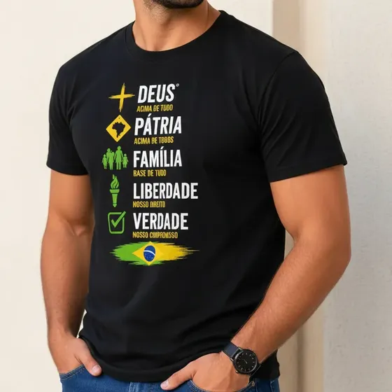 Camiseta Algodão Deus Pátria E Liberdade Patriota Brasil