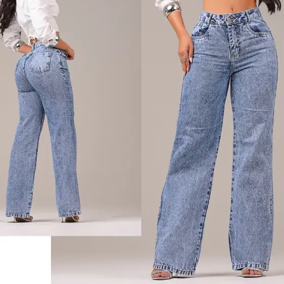 Calça Jeans Feminina Wide Leg Levanta Bumbum Cintura Alta
