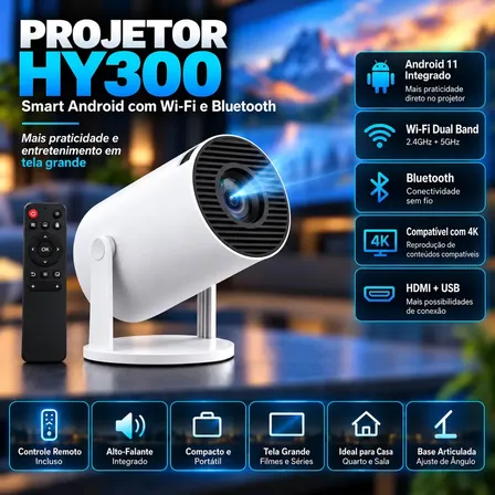Projetor Portátil Casenn HY300 Smart Android para Filmes e Jogos