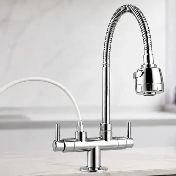 Torneira Flexível Gourmet ABS Cromada de Bancada com 2 Jatos e Adaptador para Purificador para Cozinha Uso Diário na Pia da Casa Residencial Moderna