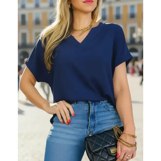 Blusa Decote V Traspassado Básica Manga Curta Social Chic