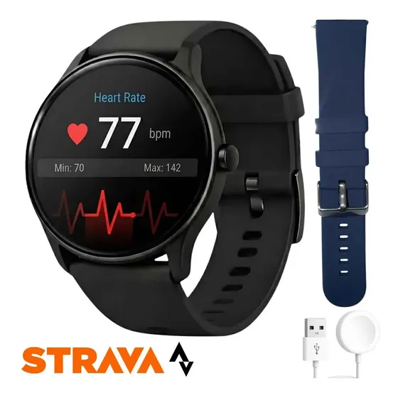 Relógio Smartwatch Redondo Strava GPS À Prova D'água Faz e Recebe Chamadas Notificações Bluetooth 3 Dias de Bateria Esporte Corrida Academia Preto Anj.gg