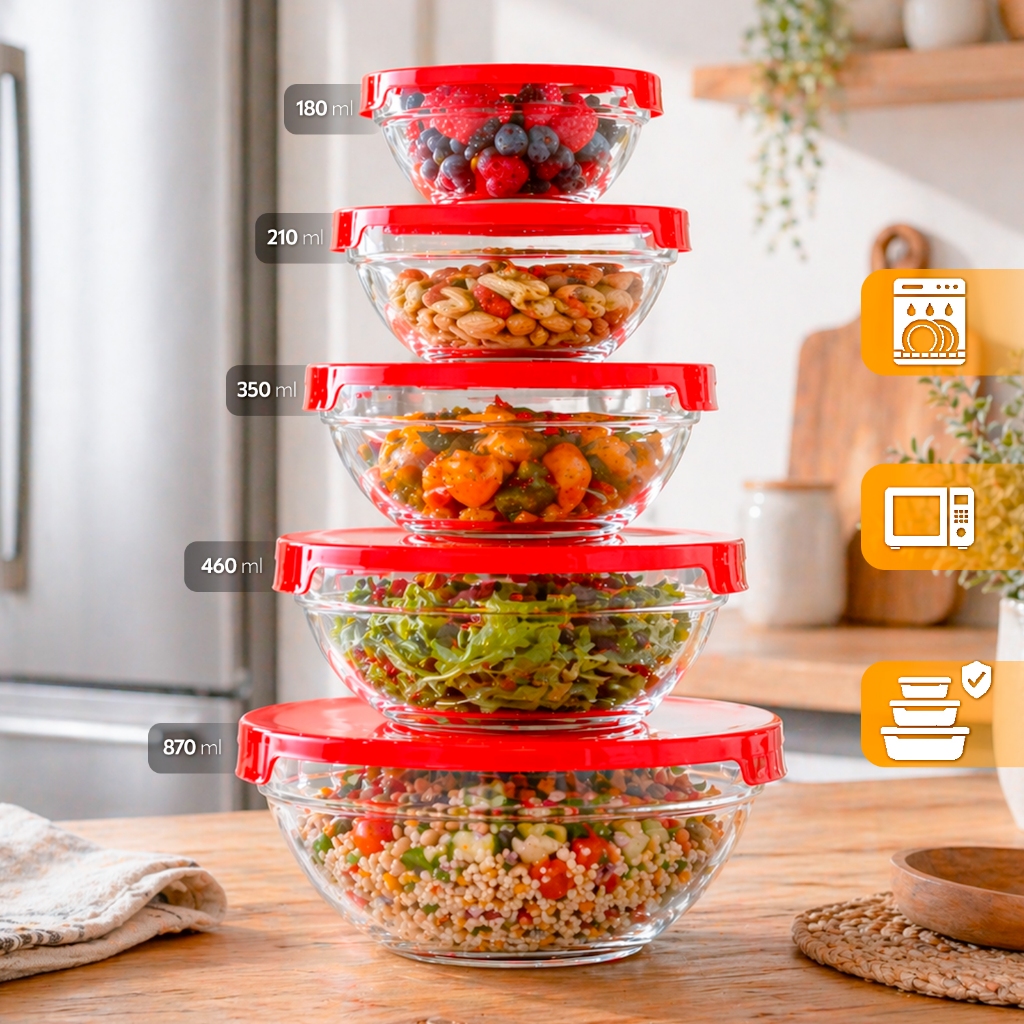 Kit 5 Tigelas de Vidro RedondasTampas Herméticas Potes Cozinha e Armazenamento