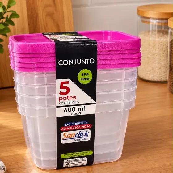 Kit Com 5 Potes Retangulares  600ml Cozinha Organização Casa