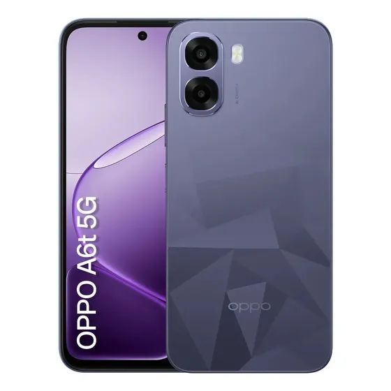 Smartphone OPPO A6t 5g 256gb, 8GB RAM Física e 16GB RAM Virtual, Bateria gigante de 6500 mAh, AI Câmera 50MP, Tela 120Hz, NFC, IP64 - Violeta